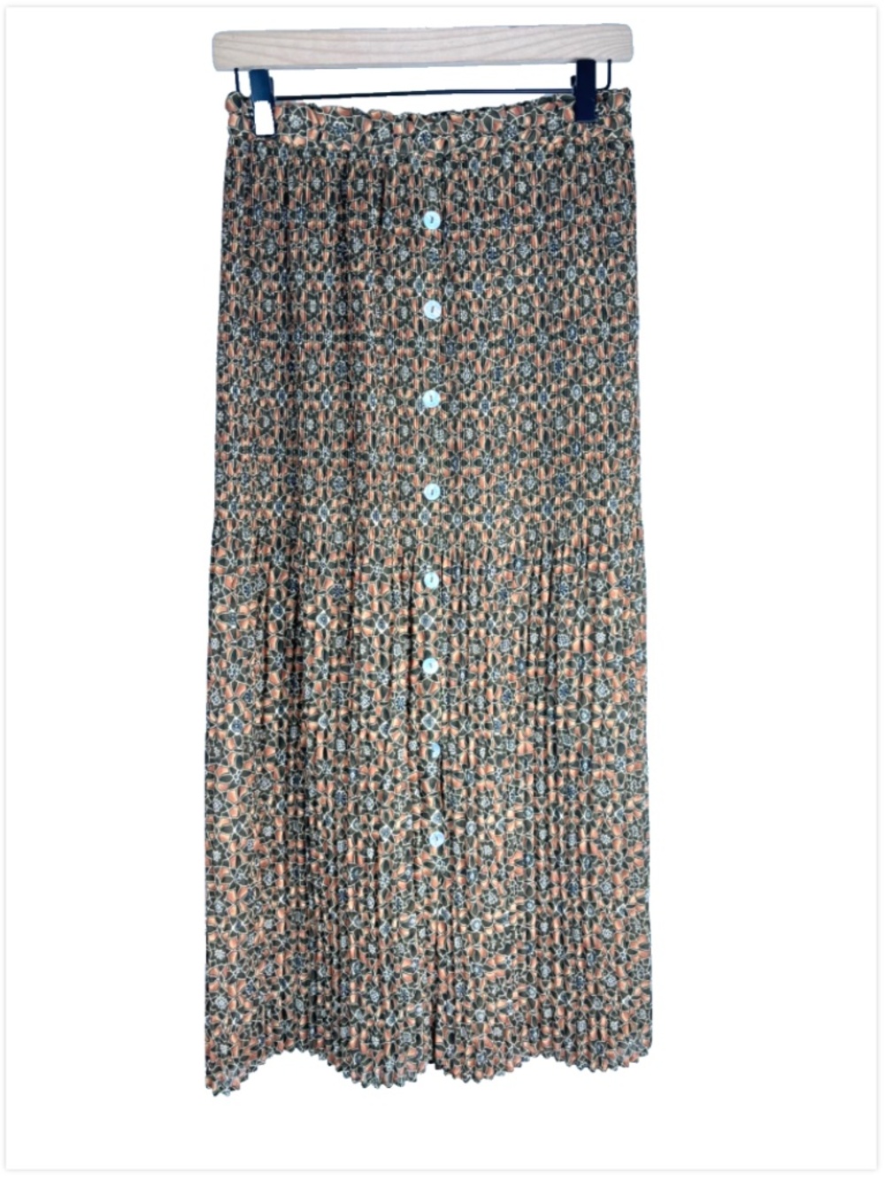 VTG 90s Button Front Midi Skirt M Olive Green Floral Retro Friends Boho Witchy